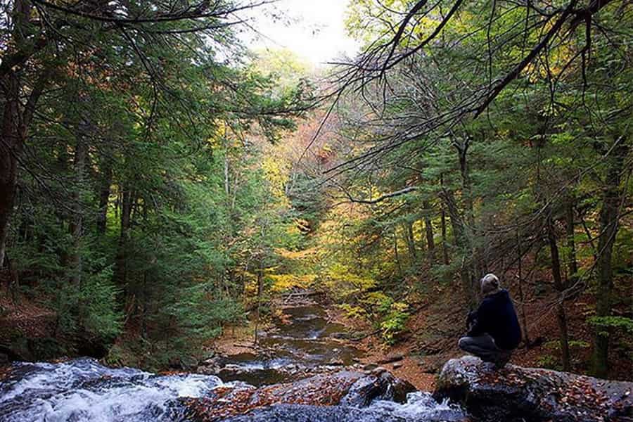 a hiker sits nexts to a river that winds its way through the dense forest of bear mountain CT