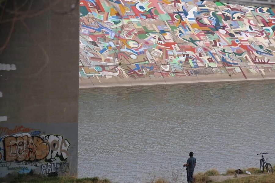 the colorful pueblo levee mural