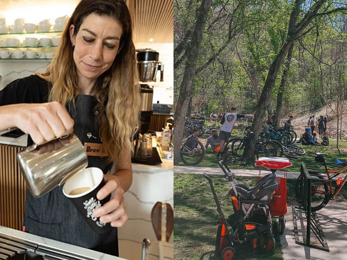 a collage of a female barista pouring coffee and bikers at an outdoor coffee shop
