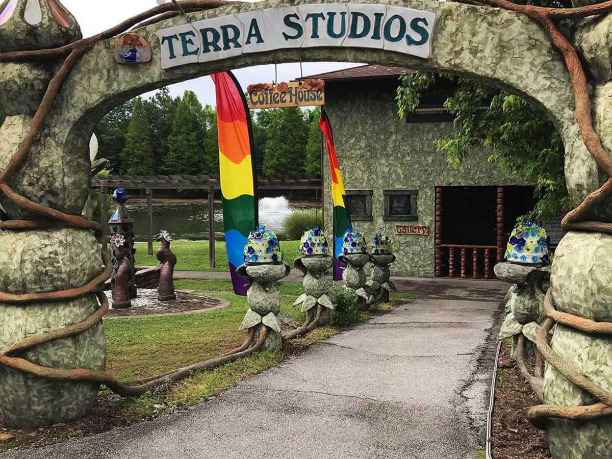the entrance to terra studios with funky crafts