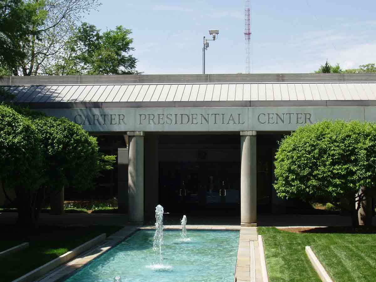 a fountain in front of the jimmy carter library and museum in atlanta