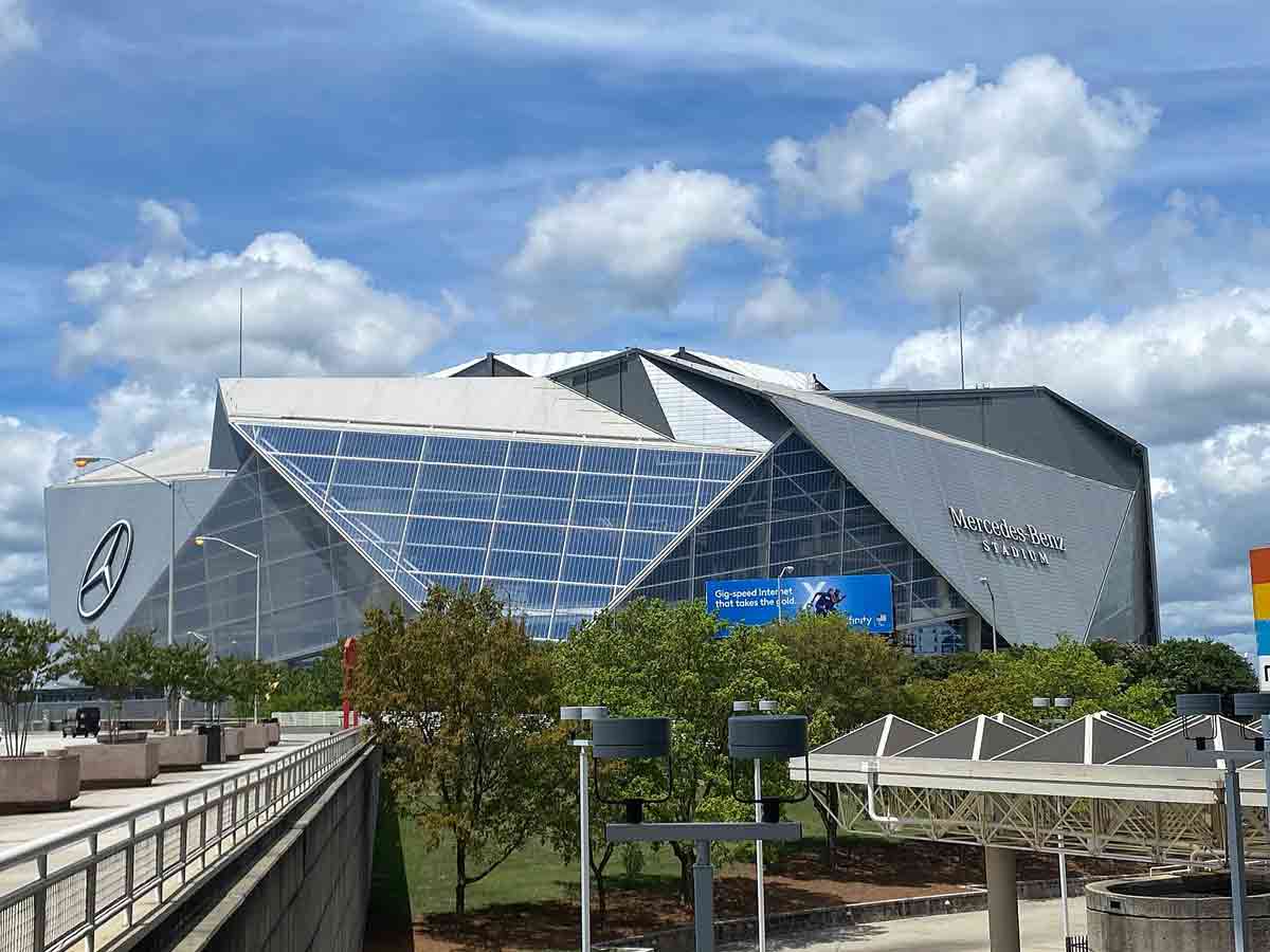 the exterior of the mercedes-benz stadium in downtown atlanta
