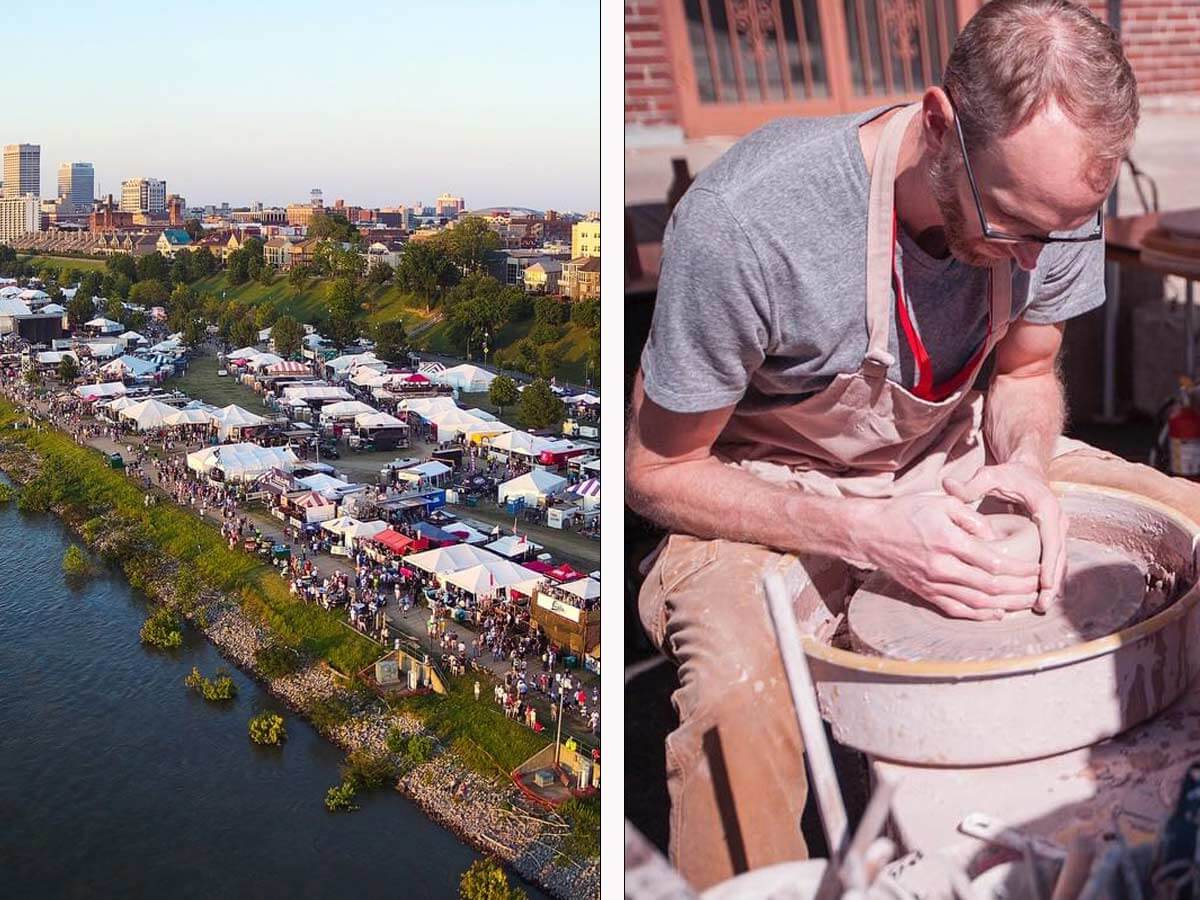 a collage of a memphis festival by the river and a man making pottery
