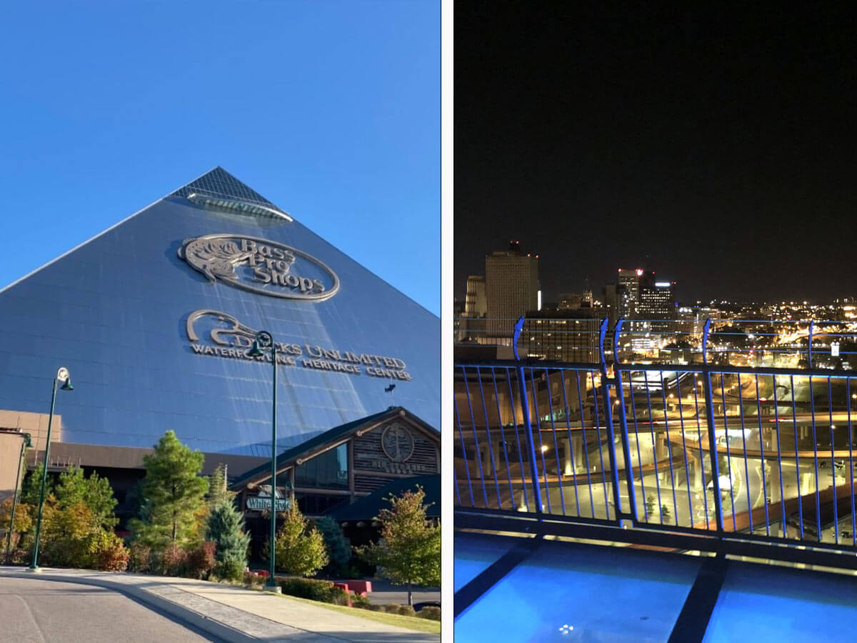 a collage of the exterior of the bass pro shops at the memphis pyramid and a view overlooking the city from the top balcony