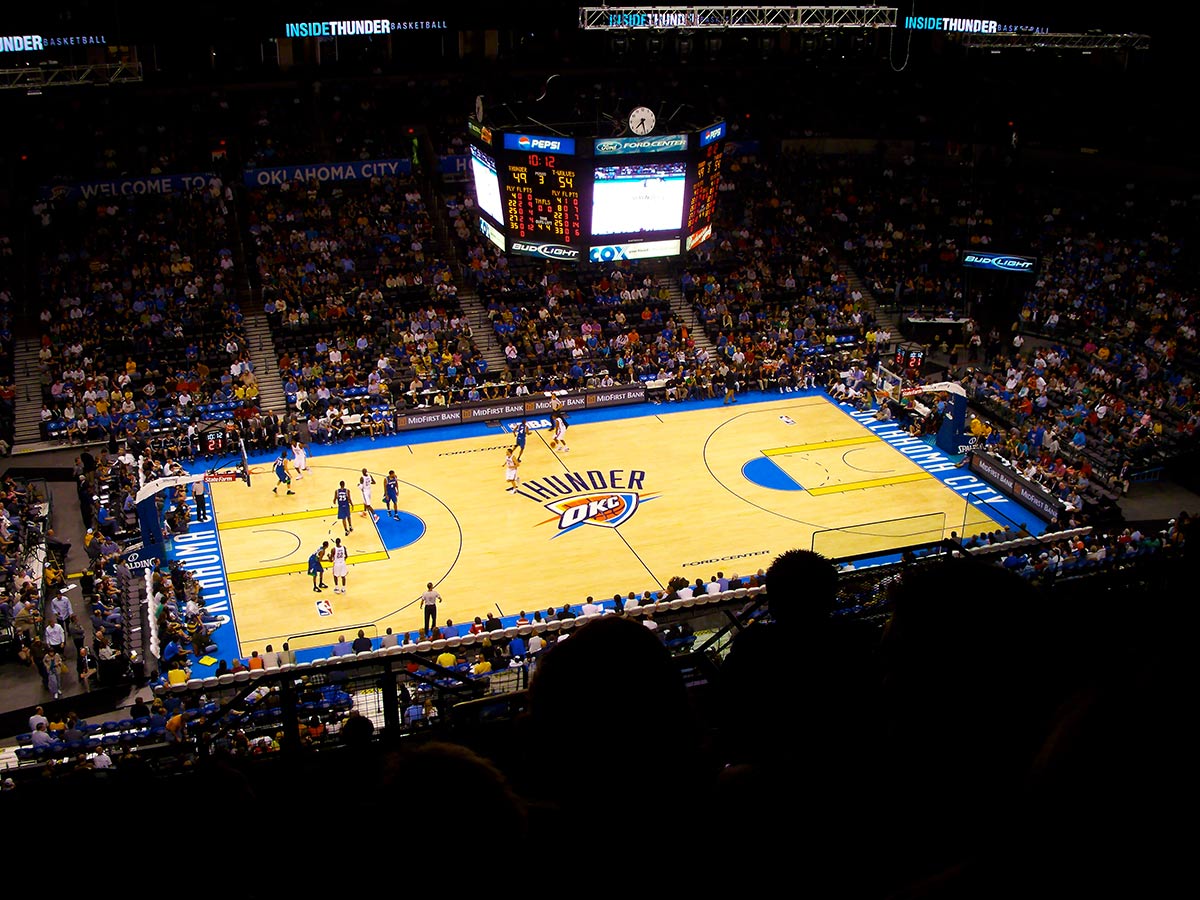 a view of the court at an Oklahoma City Thunder NBA game