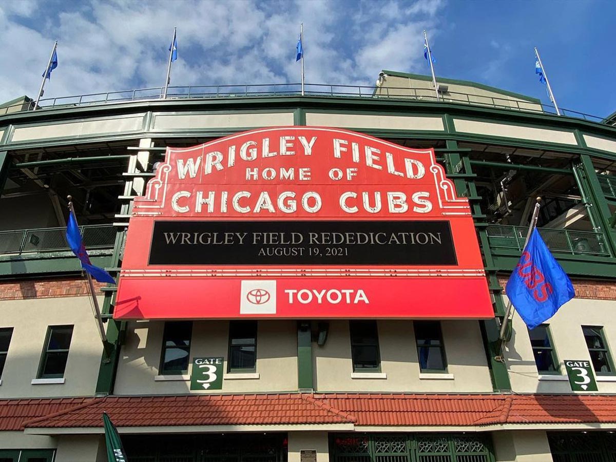 the historic marquee on wrigley field