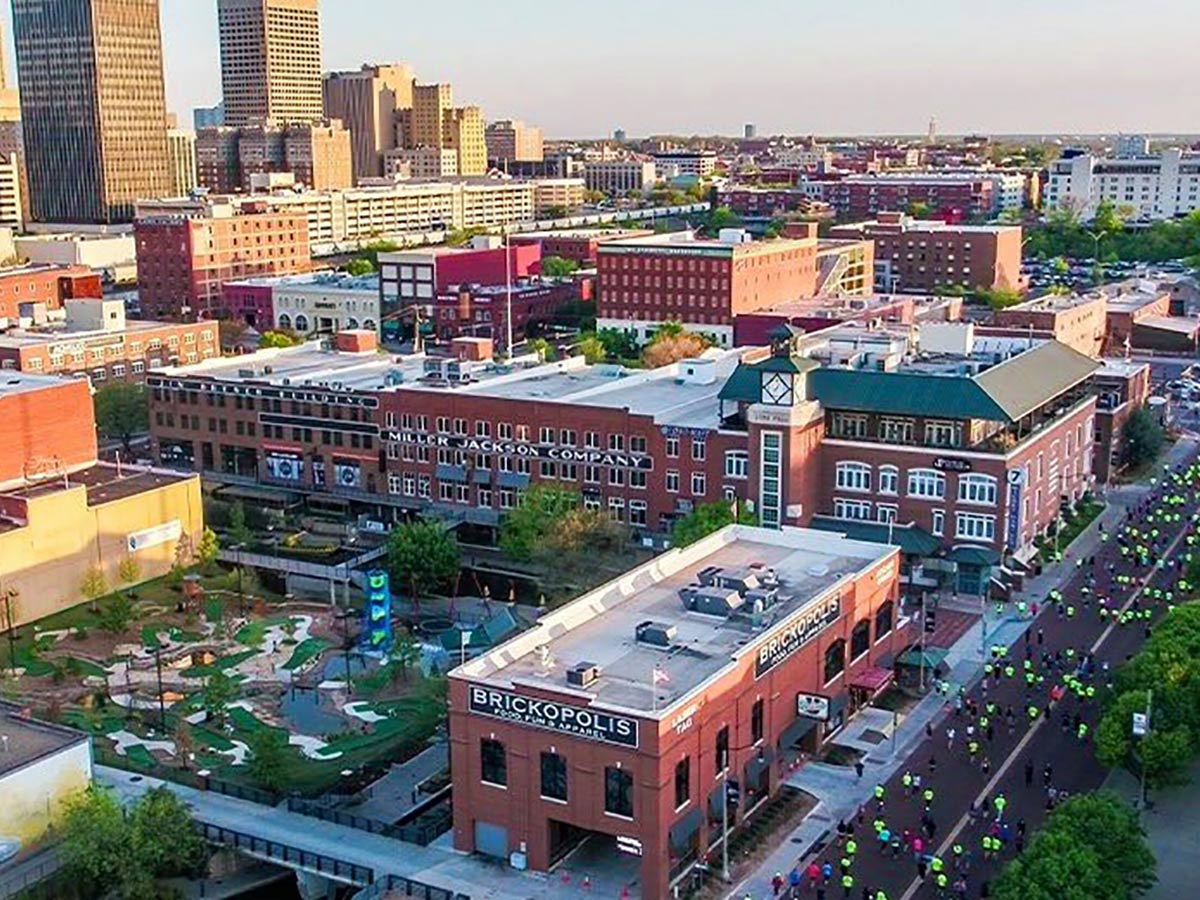 an aerial view of the bricktown district in oklahoma city