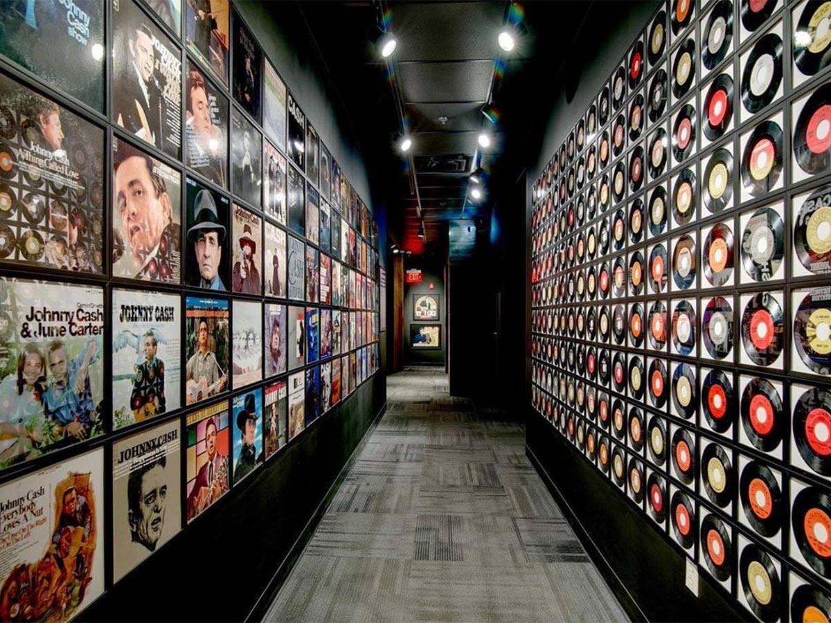 records lining the walls at the johnny cash museum
