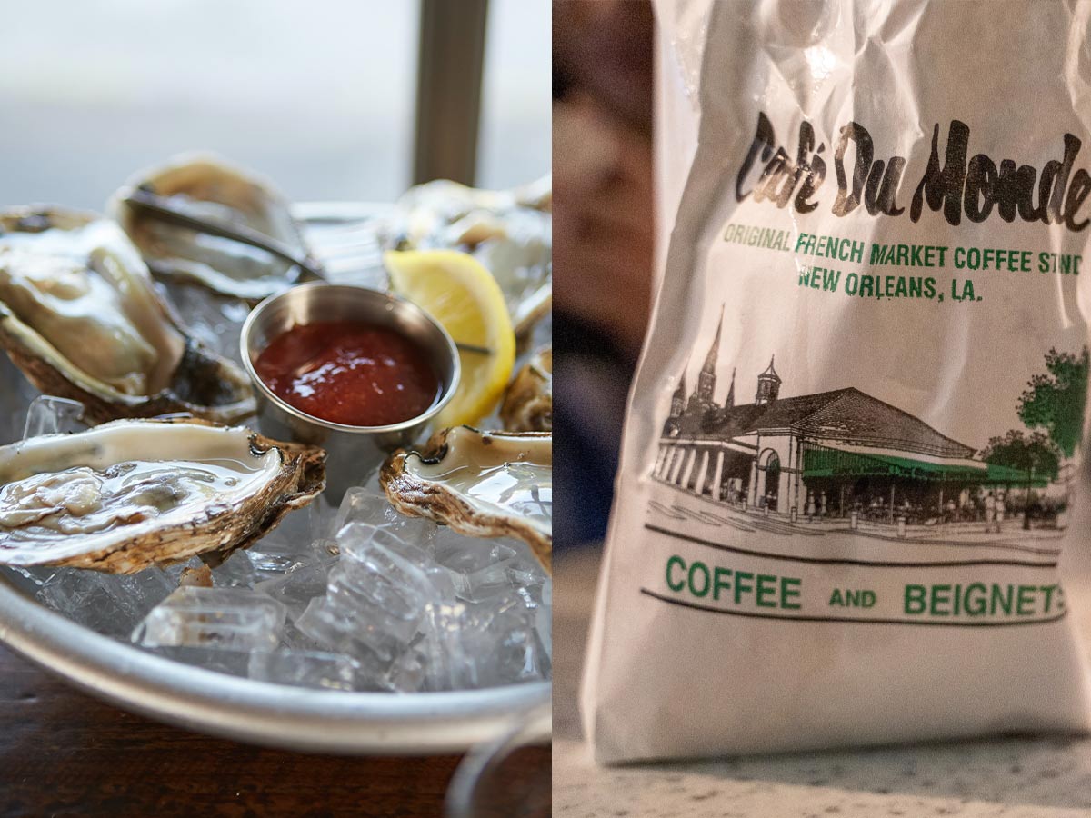 a collage of oysters and beignets from cafe du monde