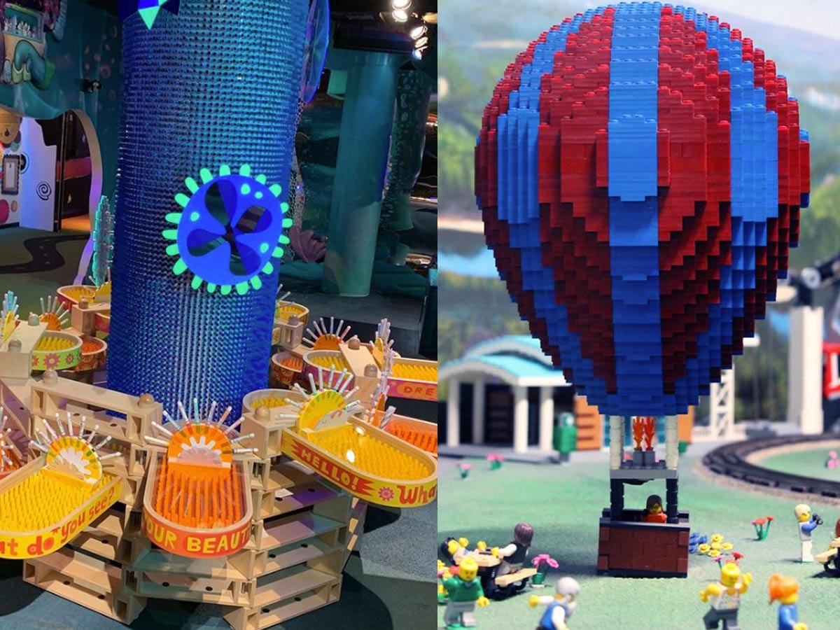 a collage of a lego hot air balloon and a sculpture at kaleidoscope