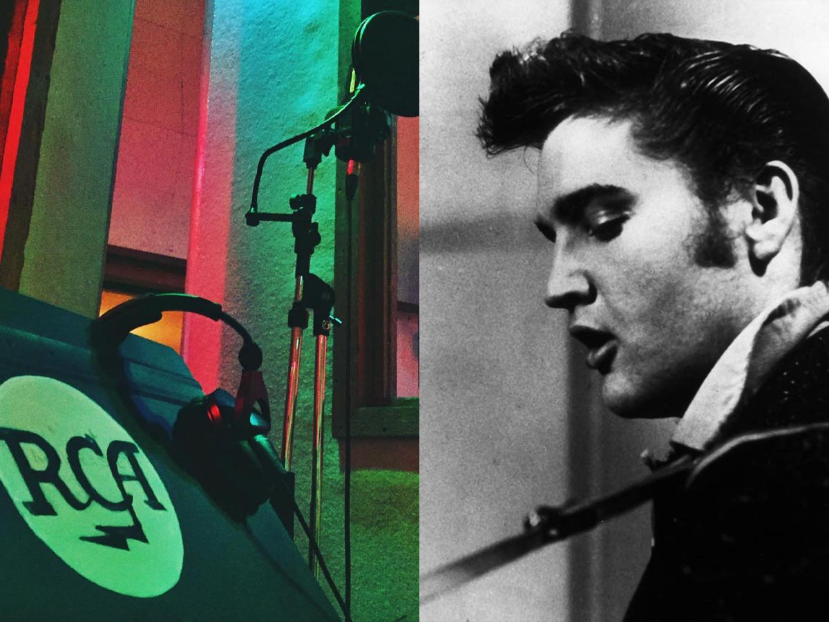 a collage of an RCA recording studio and a photo of elvis
