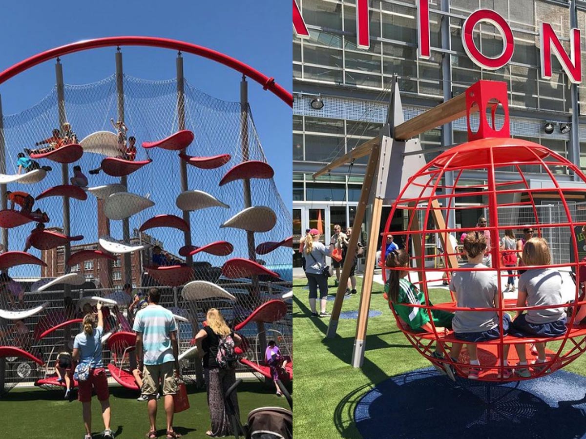 a collage of outdoor play devices at science city in kansas city union station