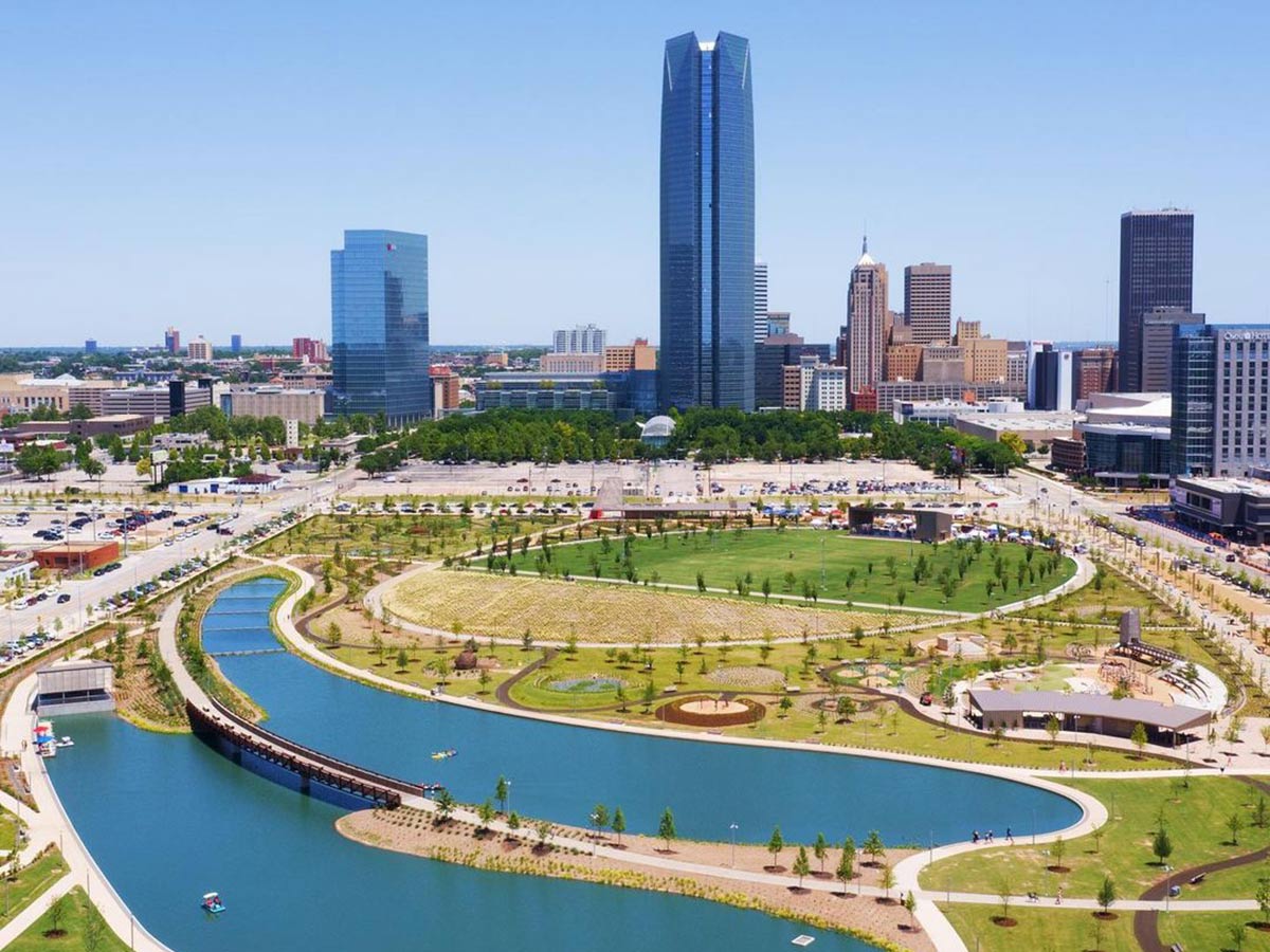 an aerial view of the new scissortail park in downtown oklahoma city