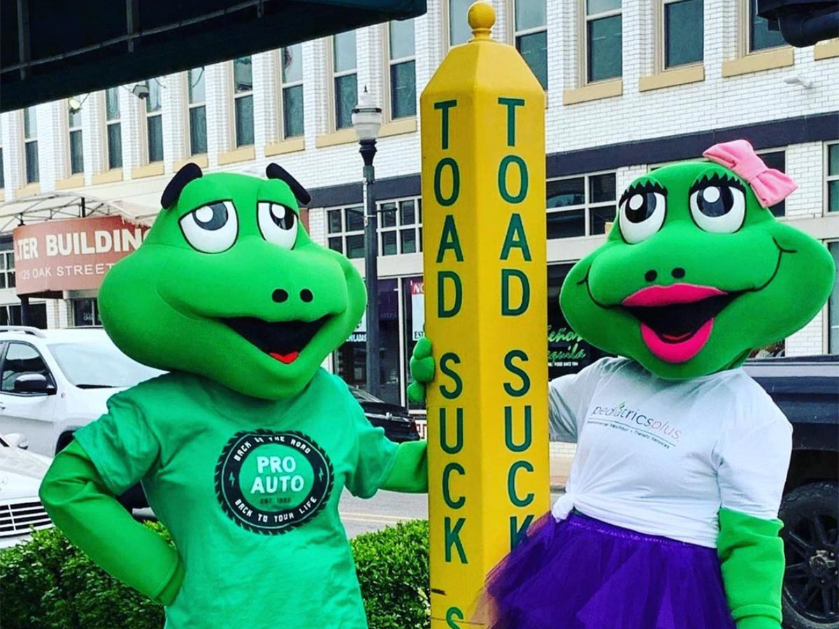 two toad mascots at toad suck daze festival in conway arkansas