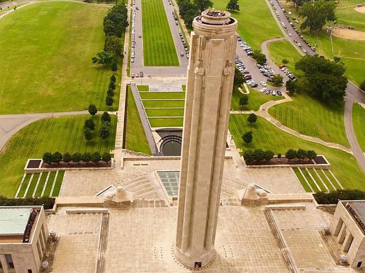 an aerial view of the liberty memorial tower at the national wwi museum in kansas city