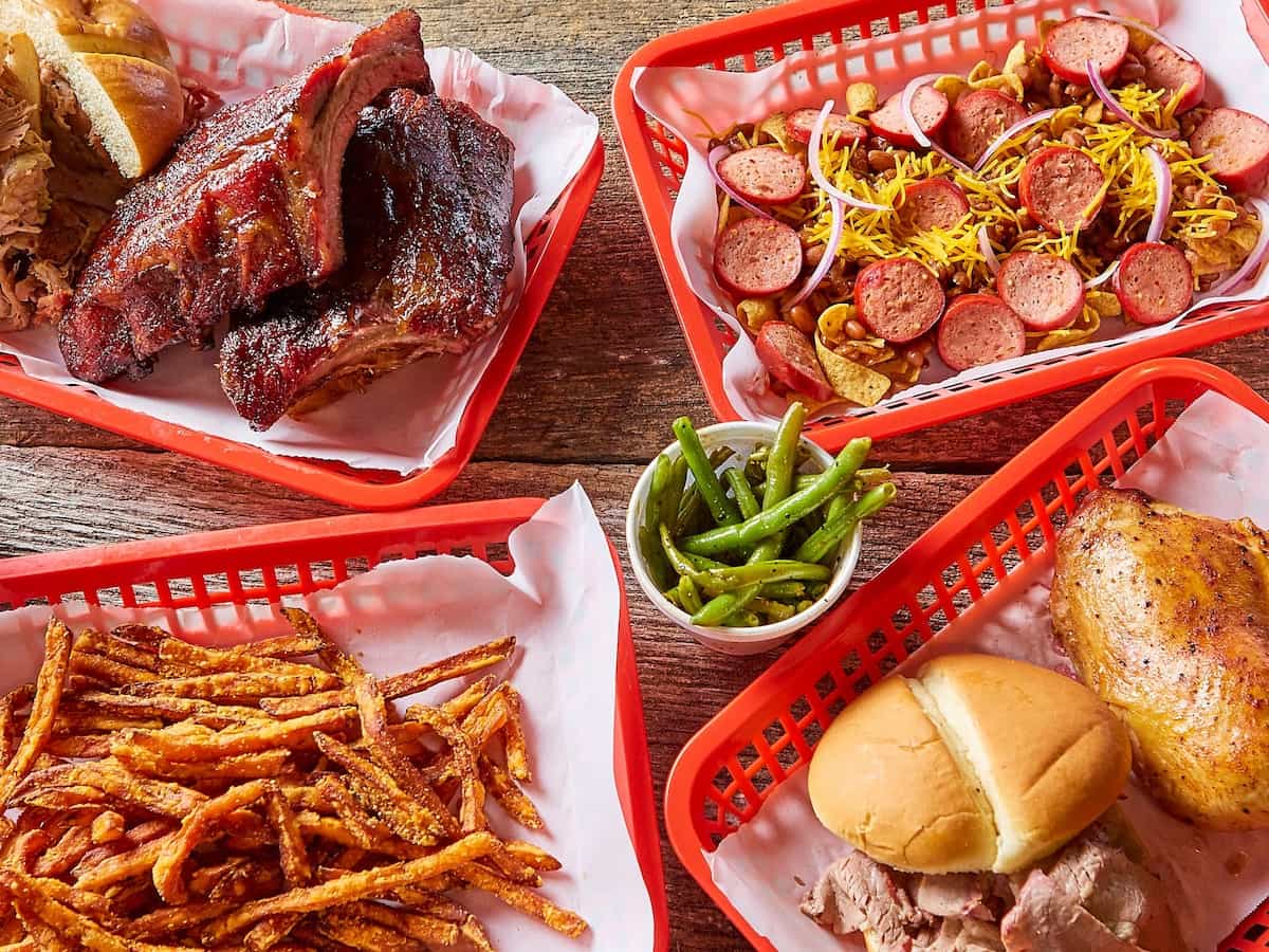 an array of food trays at pappys smokehouse st. louis bbq