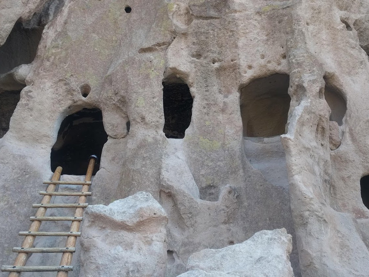 a ladder up into the historic rock dwellings at bandelier national monument