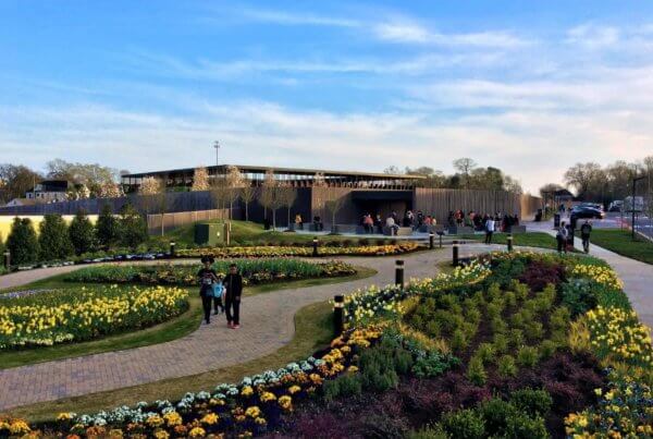 a view of the colorful flowers in the memorial garden at the national museum for peace and justice