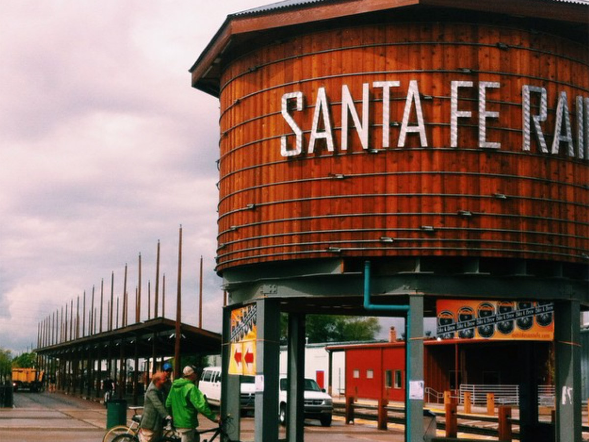 the santa fe railyard sign designed to look like an historic water tower
