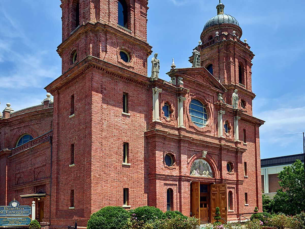 an exterior view of the minor basilica of st. lawrence in asheville, north carolina