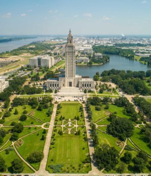 a drone overhead shot of the louisiana state capitol grounds