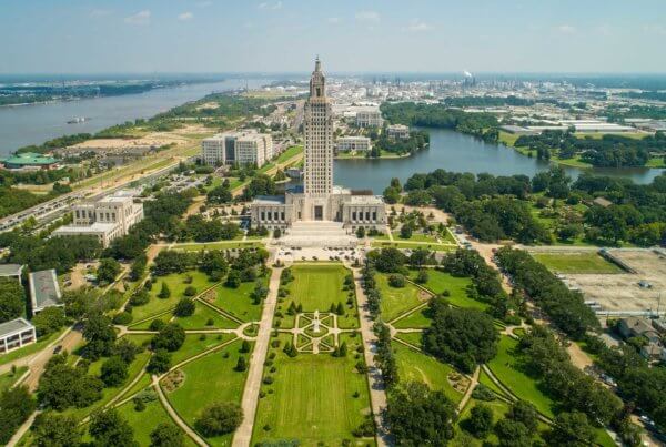 a drone overhead shot of the louisiana state capitol grounds