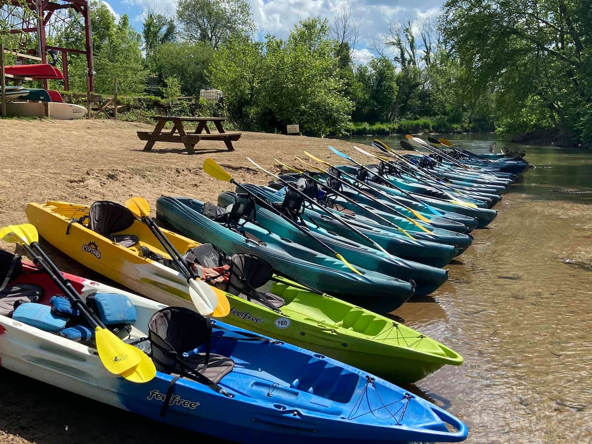 a line of canoes ready along the banks of a river for a float excursion