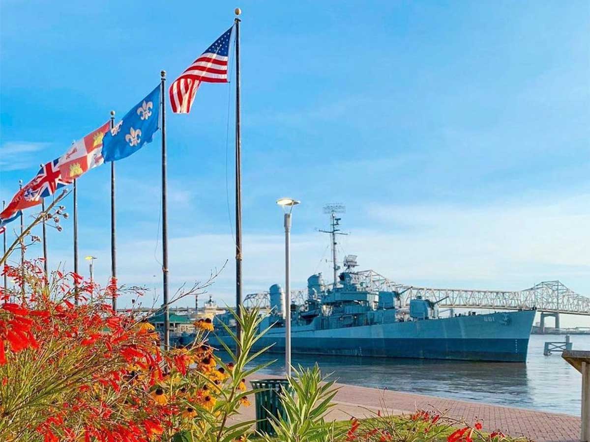 the uss kidd floating in the mississippi river alongside baton rouge's downtown