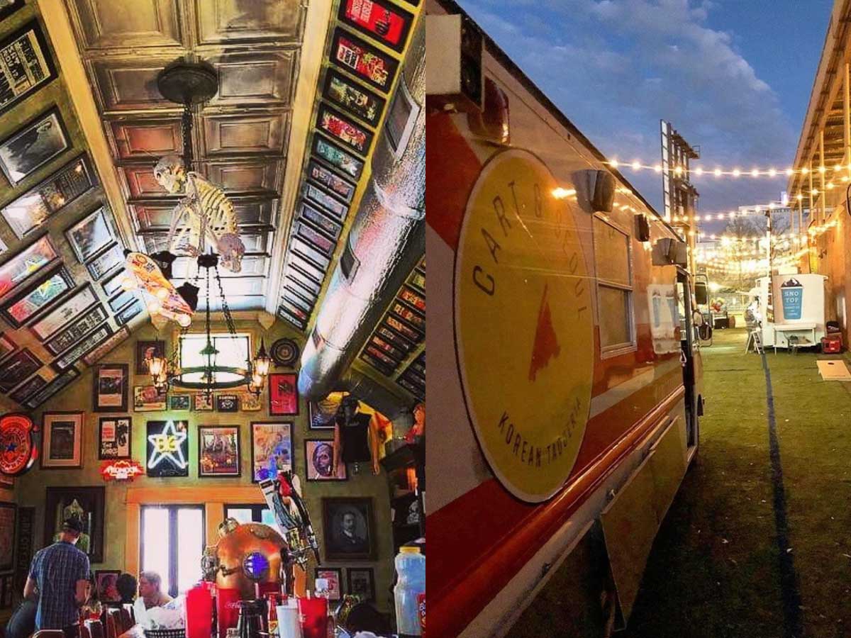 a collage of the interior of aretha frankenstein's restaurant and the chattanooga food truck alley