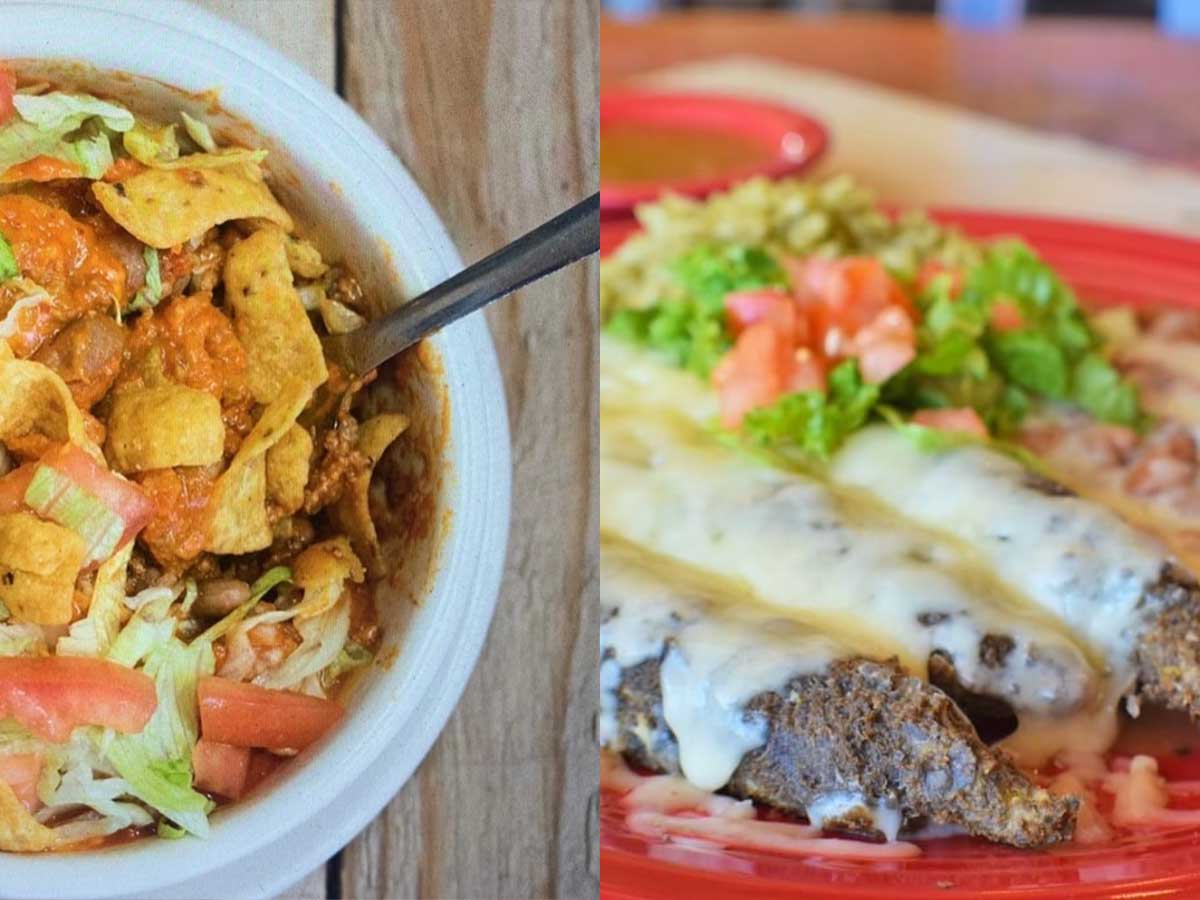 a collage of albuquerque foods including green chiles and frito pie