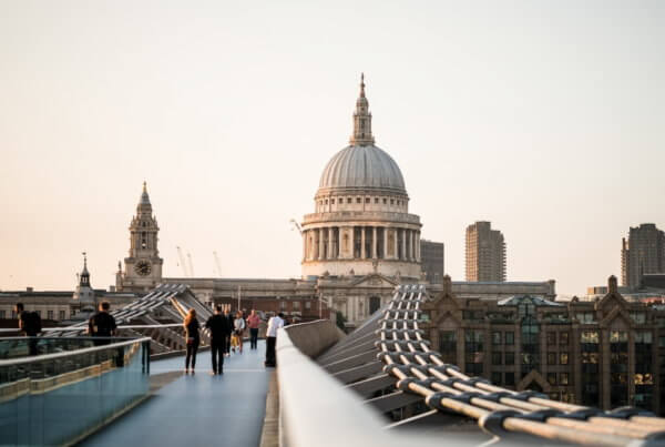 a view of st. paul's cathedral from the millennium bridge in london, england, united kingdom