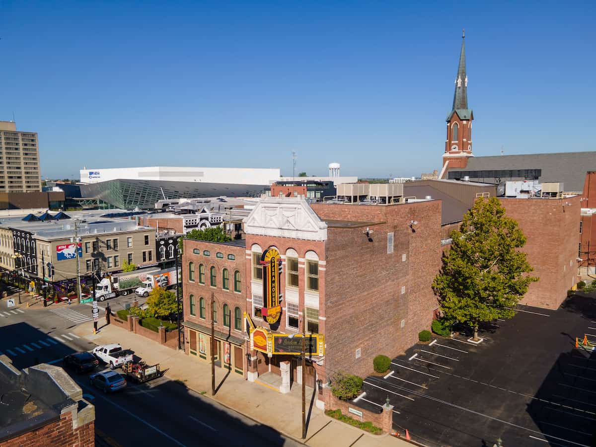 an aerial view of the exterior of the lexington opera house