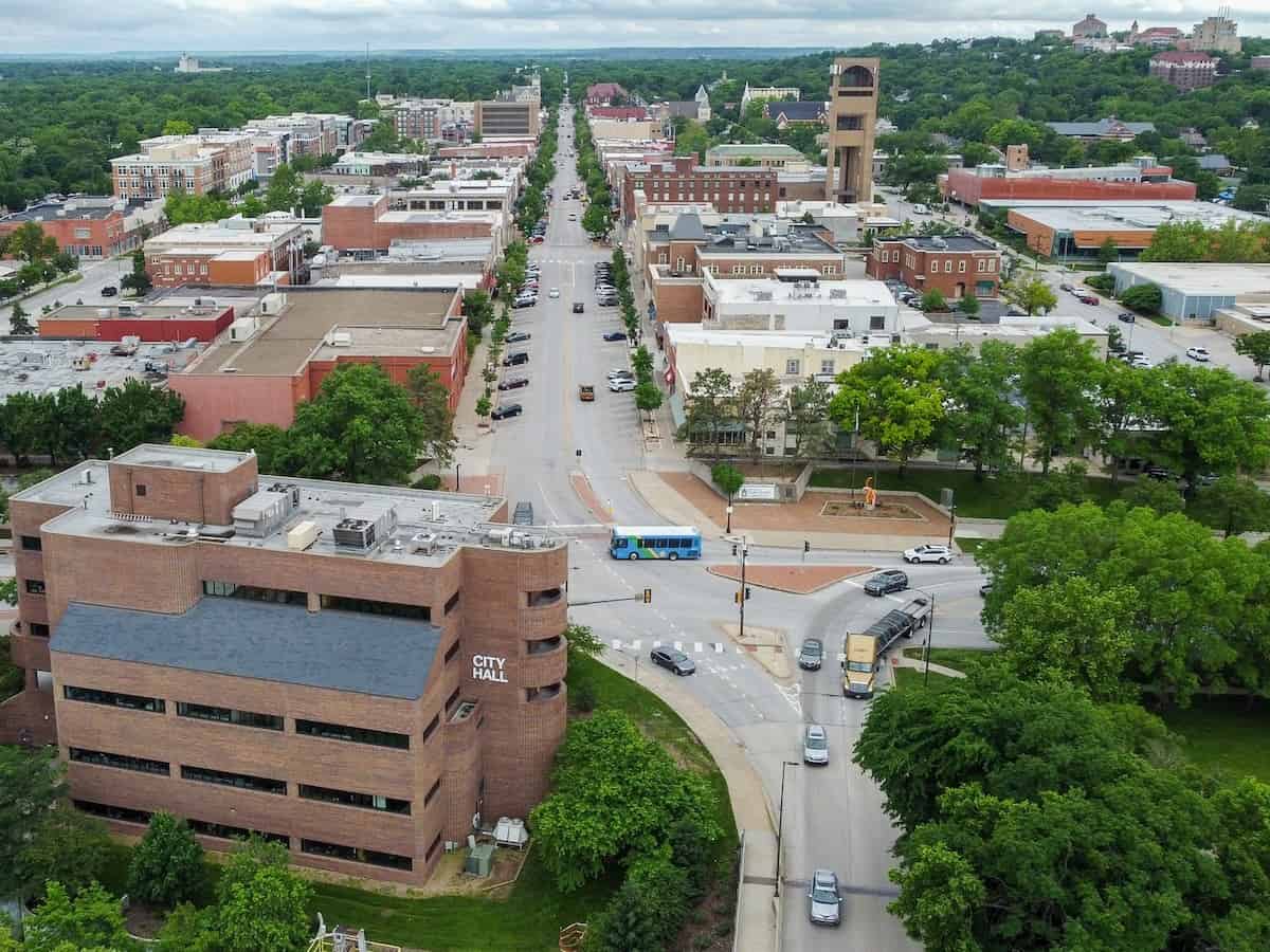 the main downtown street of lawrence kansas called massachusetts street from an aerial view