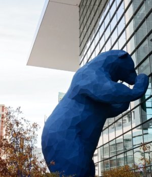 a large blue bear sculpture looks into the windows of the colorado convention center in denver