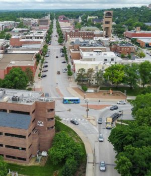 downtown lawrence kansas with massachusetts street running down the middle of the picture