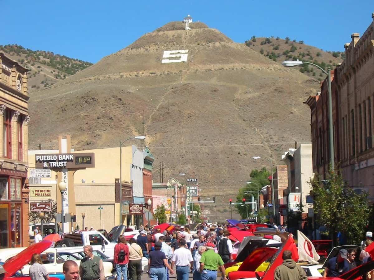 downtown Salida, Colorado, during a festival with S Mountain in the background