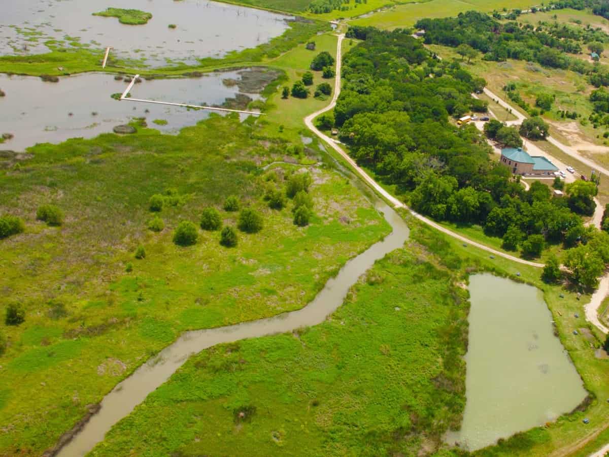 an aerial view to the lake waco wetlands