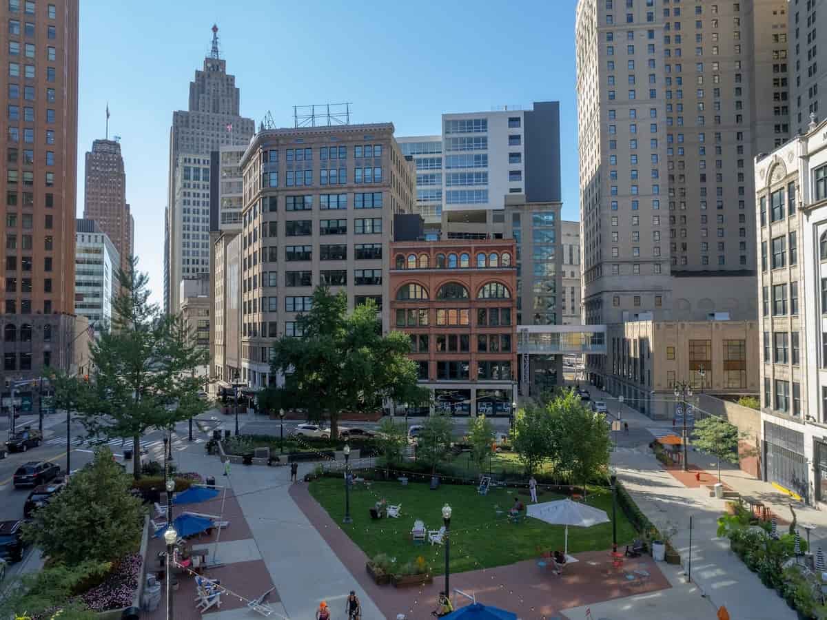an aerial view of campus martius park in downtown detroit michigan