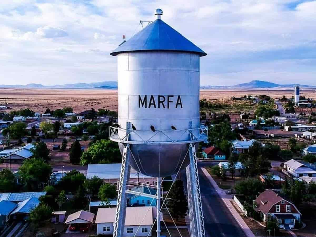 a water tower with the town name of marfa on it