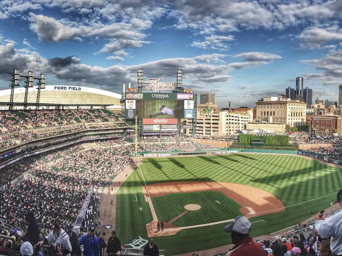 a view of comerica park during a detroit tigers game