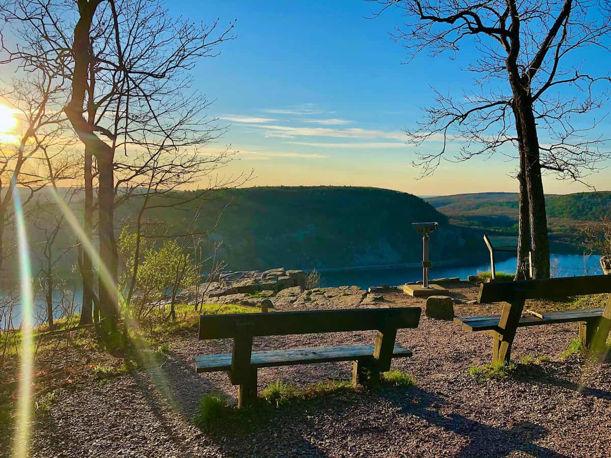 a sunrise view from the benches along the many paths at devil's lake state park in baraboo wisconsin