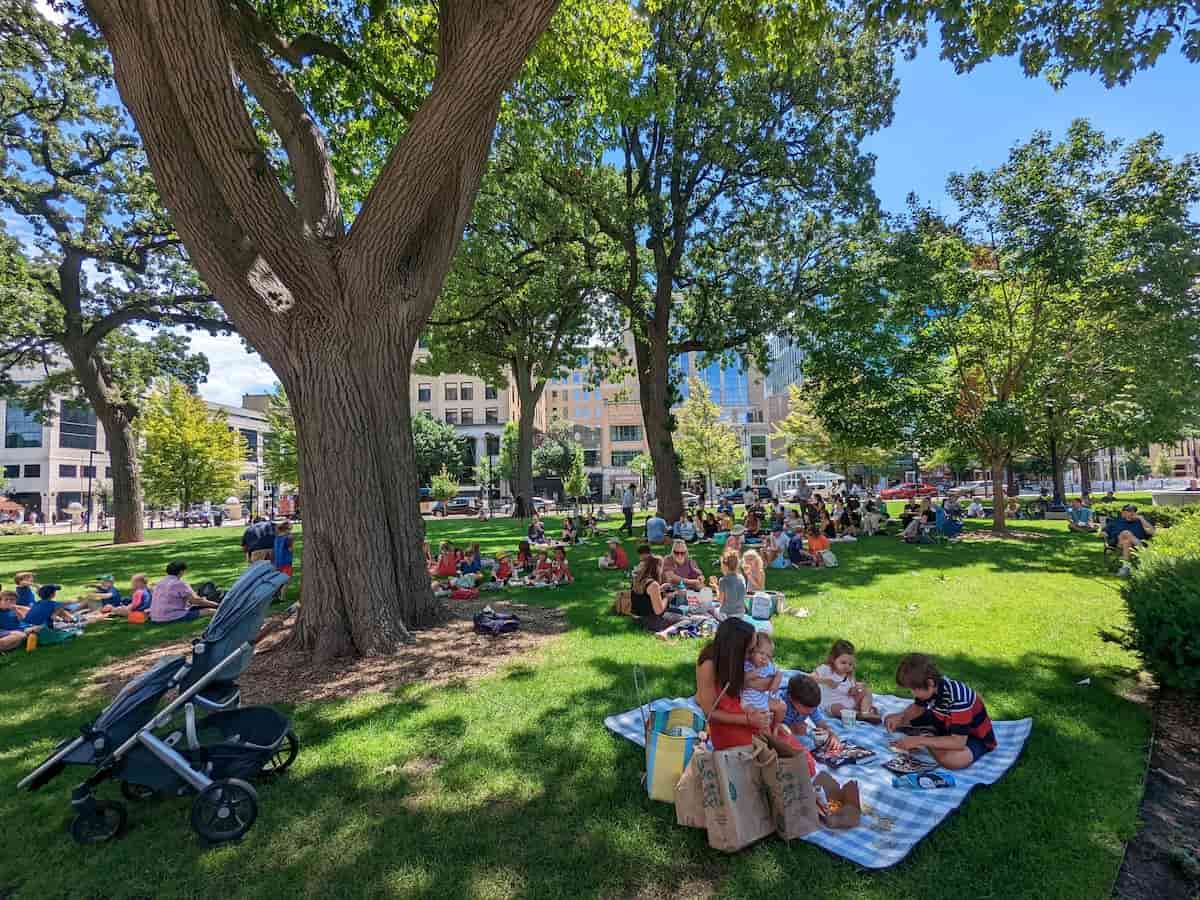 families picnic on capitol square in downtown madison wisconsin