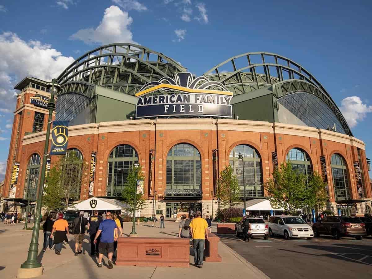 the exterior of american family field home of the milwaukee brewers of major league baseball