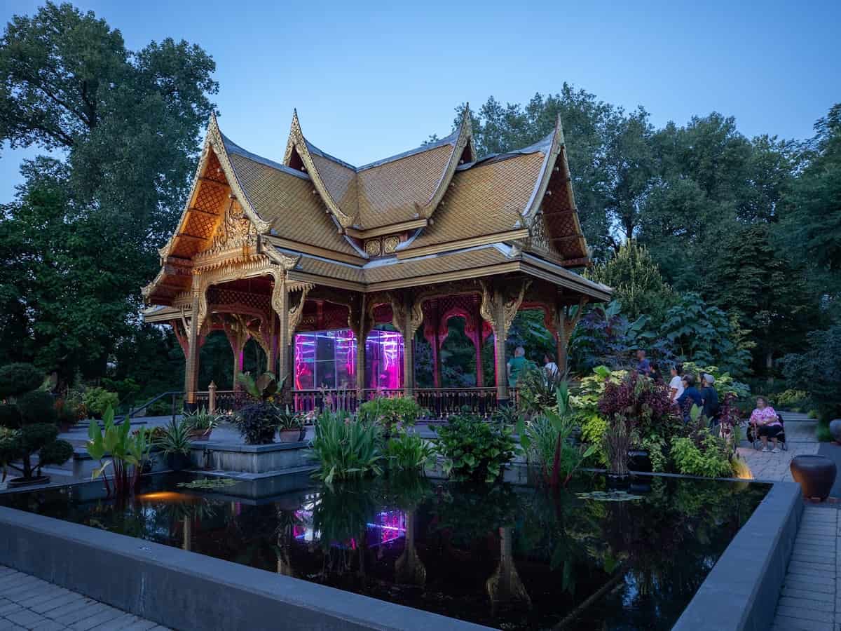the thai pavilion and garden at dusk at the olbrich botanical gardens