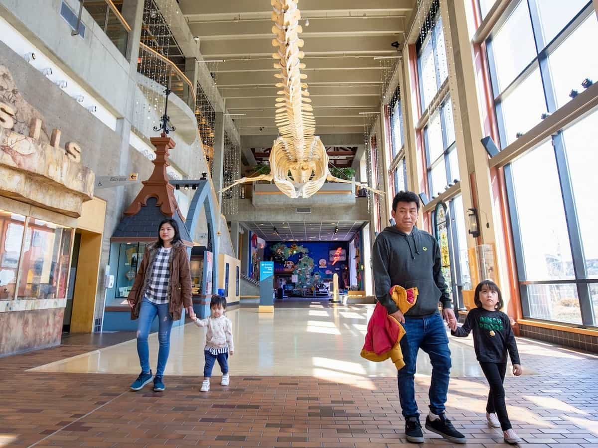 a family enjoying the grand rapids children's museum below a skeleton of a whale