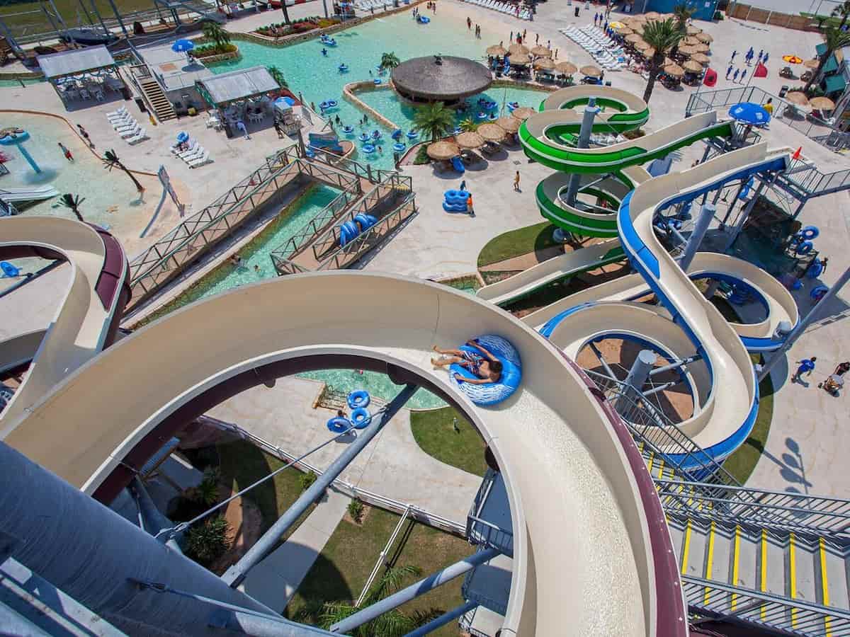 a bird's eye view of the water slides at hurricane alley water park in corpus christi texas