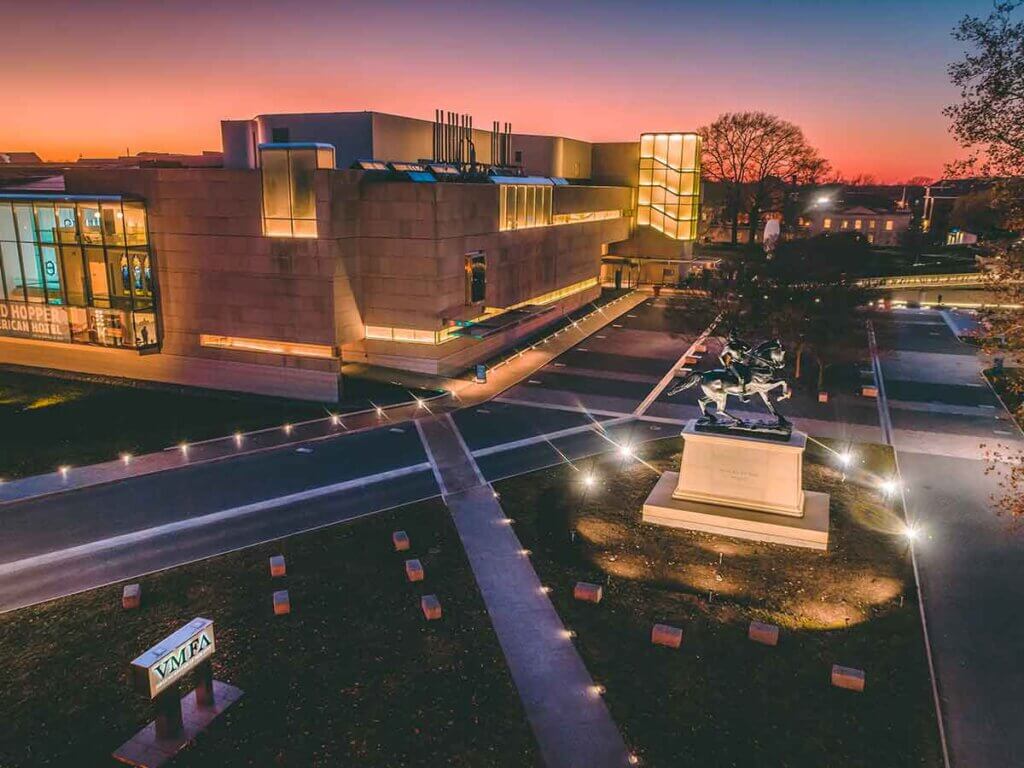 Aerial view of the grounds at Virginia Museum of Fine Arts at dusk