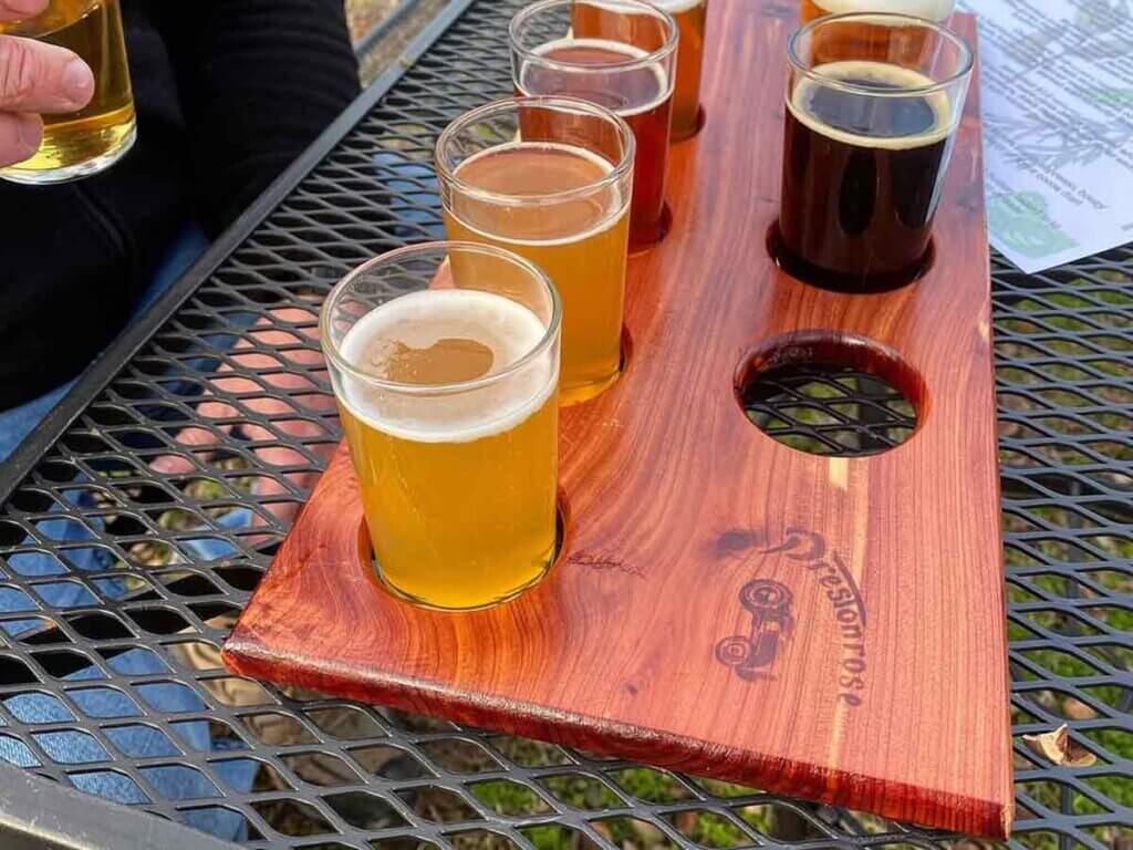 View of a flight of beers at PrestonRose Brewery