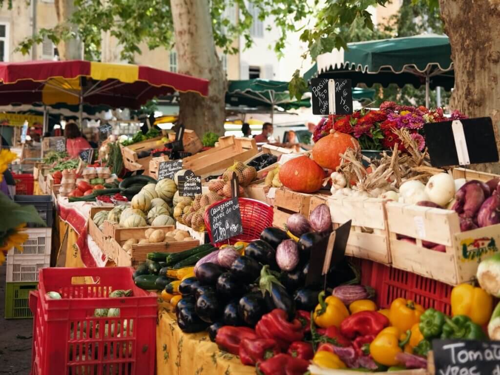 Produce in baskets lining the streets