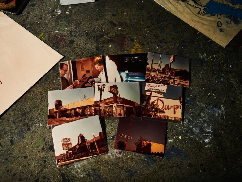 View of nostalgic photos arranged on the ground.